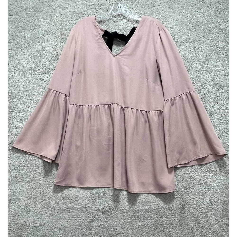 Halogen Shirt Top Women's Medium Pink Tie Back Bell Long‎ Sleeve V-Neck Pullover